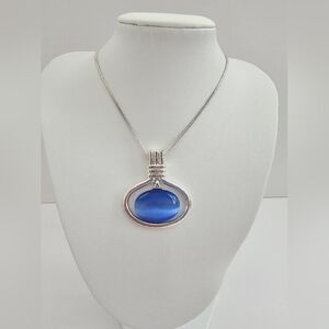 Vicky Jousan VJ Blue Cat’s Eye Pendant Necklace - Silver Tone Oval Cabochon